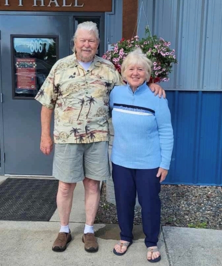Jerry Elven, formerly Mayor of Nezperce, and his wife Marie pose in front of City Hall. 
